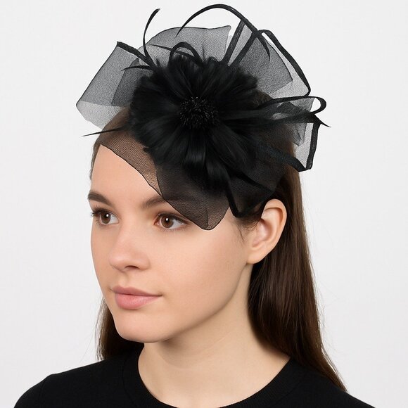 Black Mesh Fascinator Hat with Feather Flower and Headband Clip – Elegant Formal - Picture 7 of 7